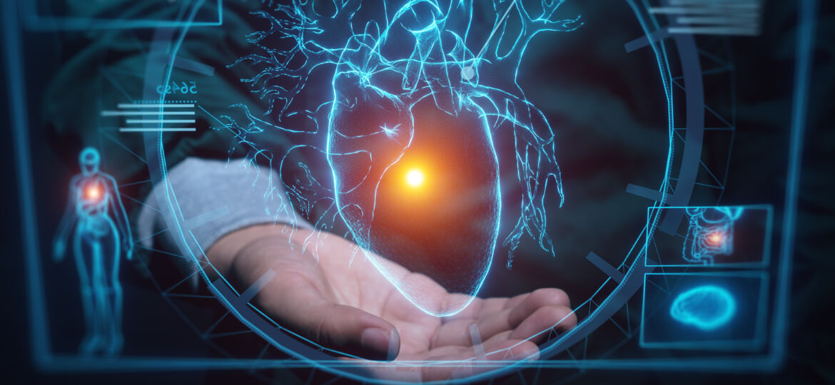 Human heart hologram user interface screen infographic, Artifici